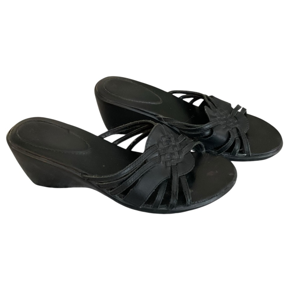 NICKELS LIFE Women’s Wedge Sandles Black Leather Size 8 - Picture 3 of 4